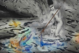 Composition. Josep Uclés (1985). R.1156. Encre, graphite, aquarelle et paillettes sur papier. 45 x 62.4 cm.