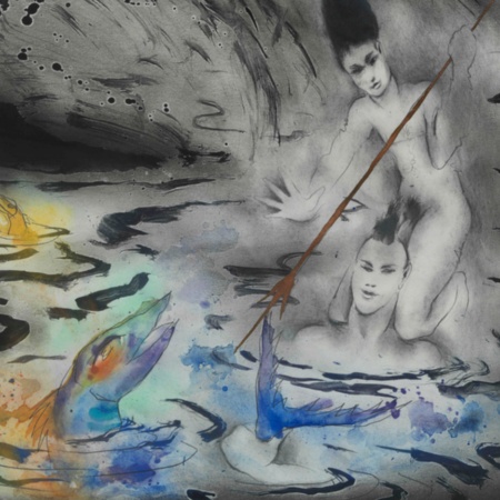 Composition. Josep Uclés (1985). R.1156. Encre, graphite, aquarelle et paillettes sur papier. 45 x 62.4 cm.