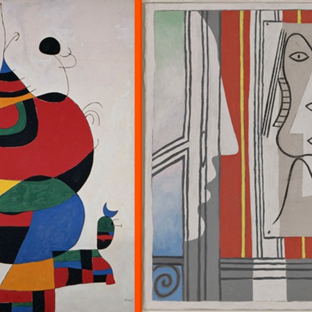 Joan Miró: “Dona, ocell, estrella (Homenatge a Pablo Picasso)”, 1973. Reina Sofía National Art Museum © Successió Miró, 2023 / Pablo Picasso. “Figura i perfil”, 1928. Musée national Picasso-Paris © Successió Pablo Picasso, VEGAP, Madrid, 2023