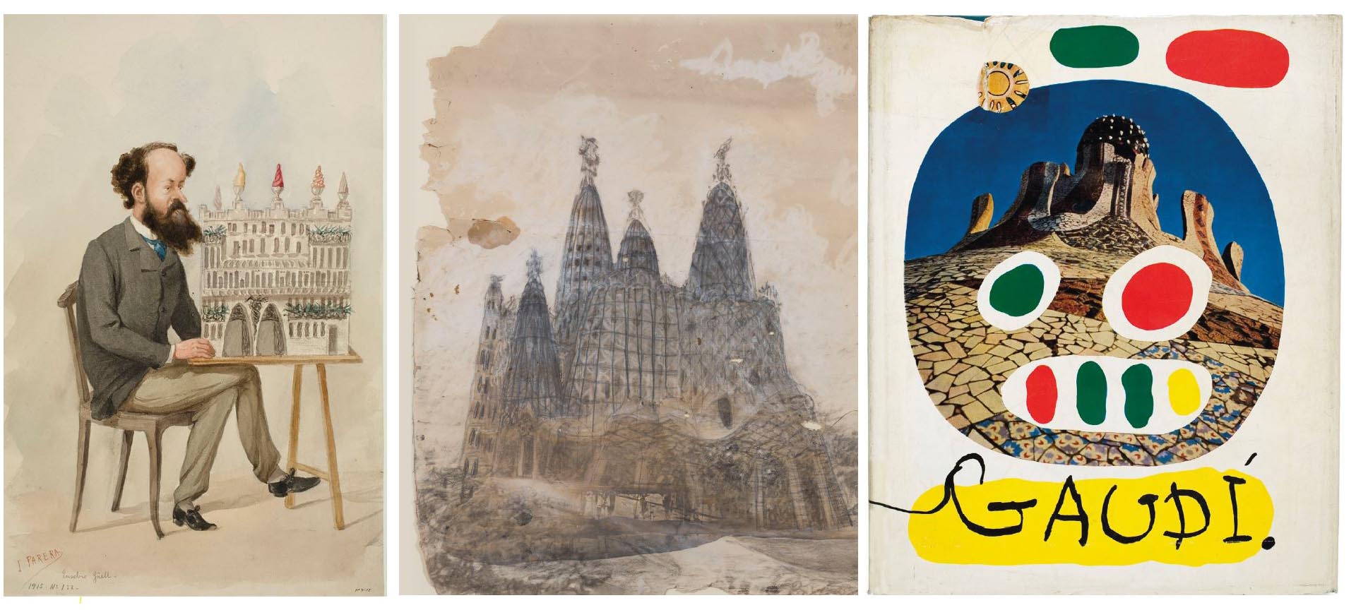 Da esquerda para a direita: Josep Parera. Caricatura de Eusebio Güell i Bacigalupi. c. 1889. Museu Nacional de Arte da Catalunha //////////////// Antoni Gaudí. Vista externa da igreja da Colônia Güell. c. 1910-1911. Museu Nacional de Arte da Catalunha //////////////// James Johnson Sweeney. José Luis Sert. Antoni Gaudí. New York. 1960. Biblioteca do Colégio de Arquitetos da Catalunha Da esquerda para a direita: Josep Parera. Caricatura de Eusebio Güell i Bacigalupi. c. 1889. Museu Nacional de Arte da Catalunha //////////////// Antoni Gaudí. Vista externa da igreja da Colônia Güell. c. 1910-1911. Museu Nacional de Arte da Catalunha //////////////// James Johnson Sweeney. José Luis Sert. Antoni Gaudí. New York. 1960. Biblioteca do Colégio de Arquitetos da Catalunha
