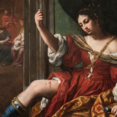 Portia wounding her thigh, 1664, Elisabetta Sirani. Collezioni d’Arte e di Storia della Fondazione Cassa di Risparmio in Bologna