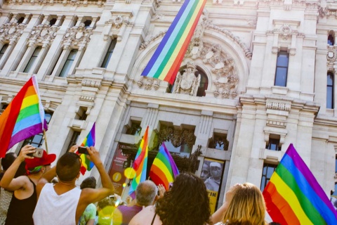 Madrid Town Hall adorned with LGBTQI+ pride flags 