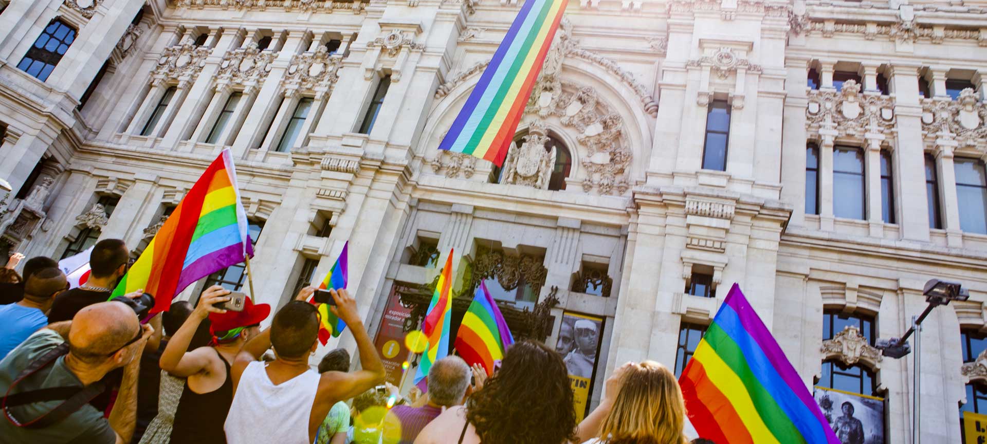 Madrid Town Hall adorned with LGBTQI+ pride flags Madrid Town Hall adorned with LGBTQI+ pride flags