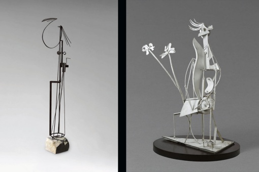 Left: Julio González, Maternity, 1934, iron and stone, 13.1 × 40.6 × 23.5 cm. Tate Acquisition, 1970. Photo: Tate. Right: Pablo Picasso, Woman in the Garden, Paris, spring 1930, welded iron and painted white, 206 × 117 × 85 cm. Musée national Picasso - Paris, Donation Pablo Picasso, 1979 © Sucesión Pablo Picasso. VEGAP, Madrid, 2022 Photo © RMN -Grand Palais (Musée national Picasso-Paris) / Adrien Didierjean / Mathieu Rabeau