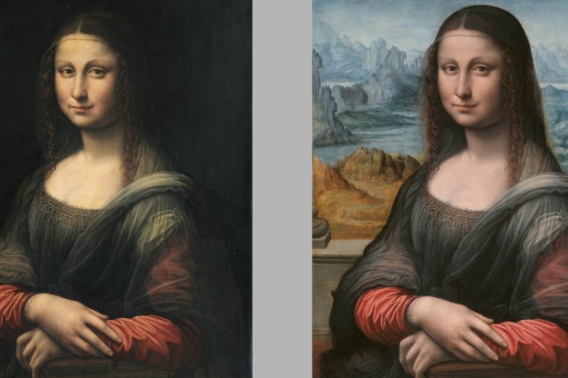 Mona Lisa (vor und nach der Restauration). Werkstatt von Leonardo da Vinci, von ihm autorisiert und überwacht. Öl auf Holz. 76,3 x 57 cm. 1507/8-1513/16. Madrid, Prado-Nationalmuseum.