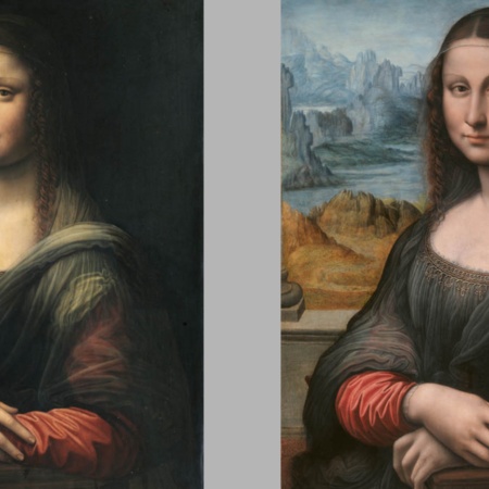 Mona Lisa (przed i po renowacji). Warsztat Leonarda da Vinci, autoryzowany i nadzorowany przez niego. Olej na płycie. 76,3 x 57 cm. 1507/8-1513/16. Madryt, Muzeum Prado.