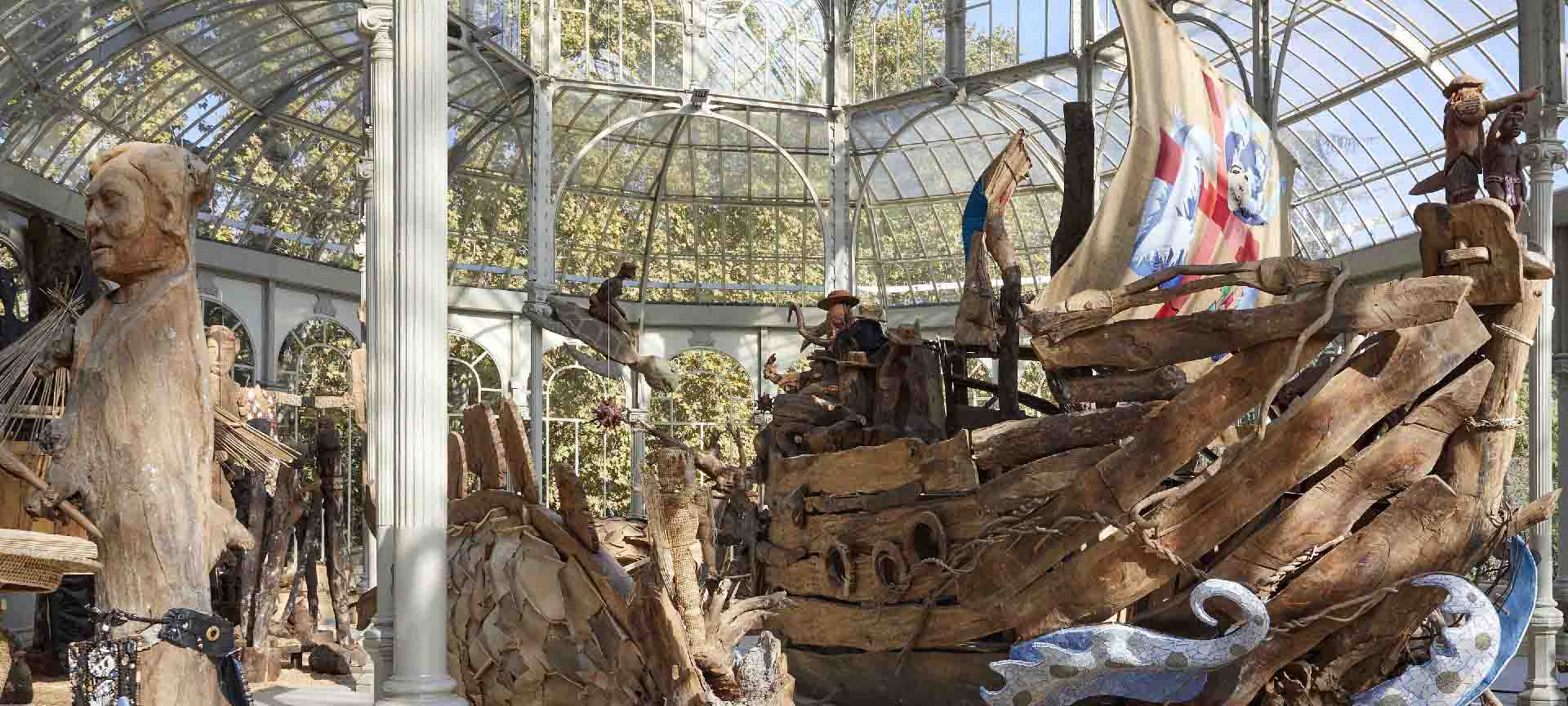 Kidlat Tahimik: Magallanes, Marilyn, Mickey and Fr. Dámaso. 500 Years of Conquistador RockStars Detail of the exhibition. Glass Palace. October 2021. Photography archive of the Reina Sofia National Art Museum