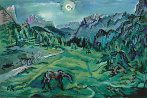 Оскар Кокошка. Пейзаж в Доломитовых Альпах, Тре-Крочи (Tre Croci – Dolomitenlandschaft), 1913 г. Холст, масло. 80x120,1 см. Музей Леопольда, Вена