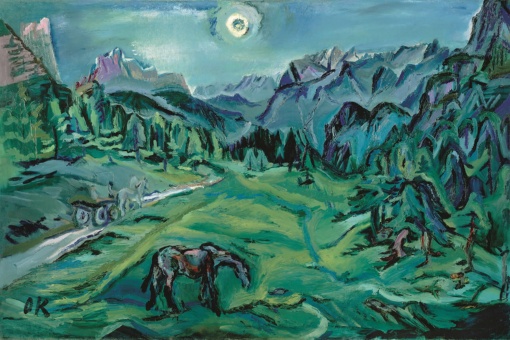 オスカー・ココシュカ。『ドロミテの風景、トレクロッチ峠』（Tre Croci – Dolomitenlandschaft）、1913年。キャンバス地油彩。80×120.1cm。ウィーンのレオポルド美術館