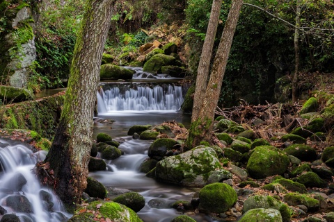 Widok szczegółowy rzeki w Hervás, Valle del Ambroz w Cáceres, Estremadura