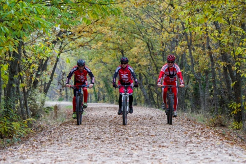 Gruppe von Radfahrern auf dem grünen Weg Ruta de la Plata in Cáceres