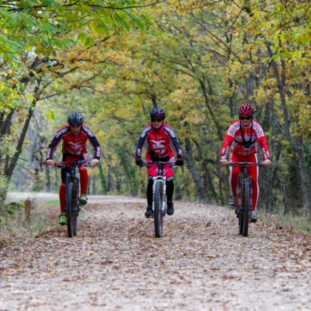 Gruppe von Radfahrern auf dem grünen Weg Ruta de la Plata in Cáceres