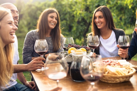Amici mentre brindano con bicchieri di vino rosso