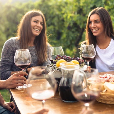 Des amis portant un toast avec un verre de vin rouge