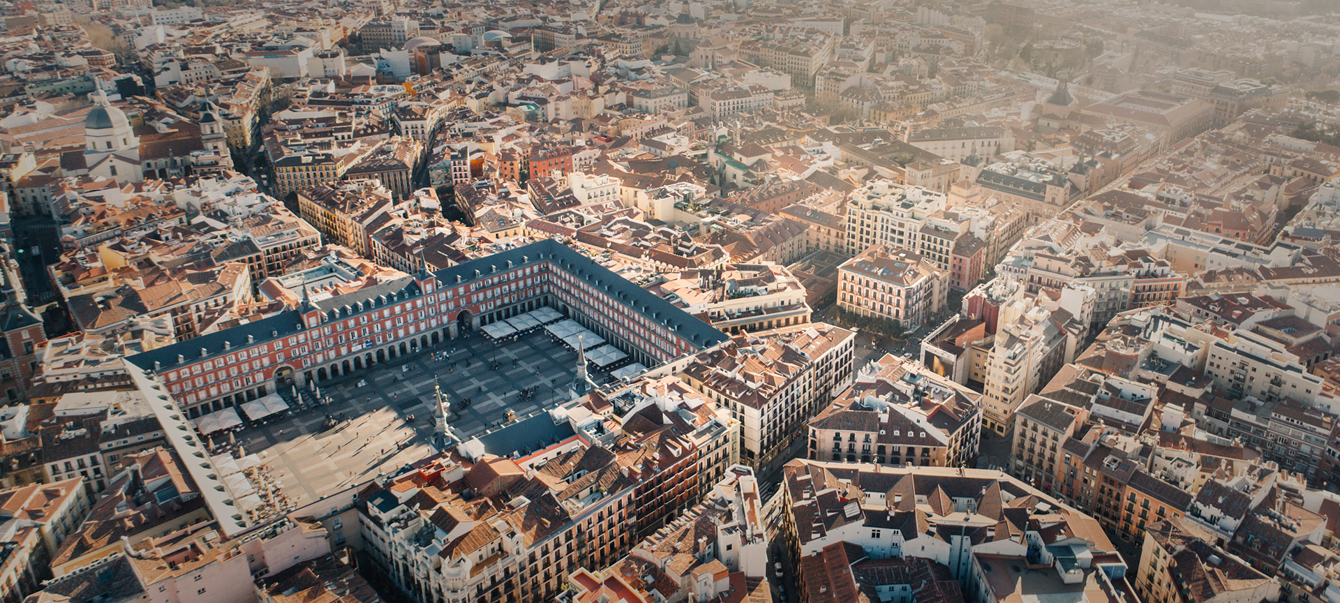 Aerial view of the Plaza Mayor square and the city of Madrid