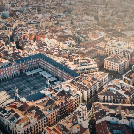 Aerial view of the Plaza Mayor square and the city of Madrid