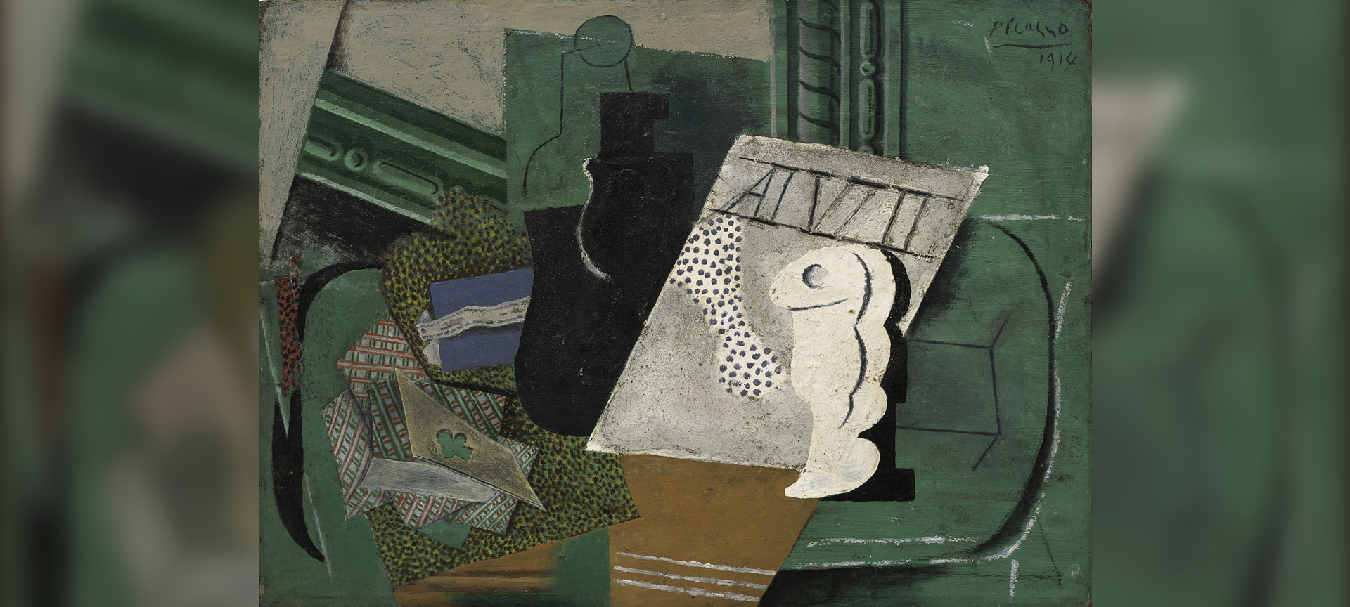 Pablo Picasso. Playing cards, tobacco, bottle and glass, 1914. Oil, charcoal and sand on cardboard on panel 37 × 50 cm. Museum Berggruen, Neue Nationalgalerie, Stiftung Preußischer Kulturbesitz, Berlin. Pablo Picasso. Playing cards, tobacco, bottle and glass, 1914. Oil, charcoal and sand on cardboard on panel 37 × 50 cm. Museum Berggruen, Neue Nationalgalerie, Stiftung Preußischer Kulturbesitz, Berlin.