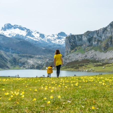 Turyści kontemplujący jezioro Ercina w Parku Narodowym Picos de Europa, Asturia
