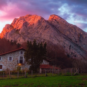 A traditional farmhouse at dusk in Urkiola, Vizcaya