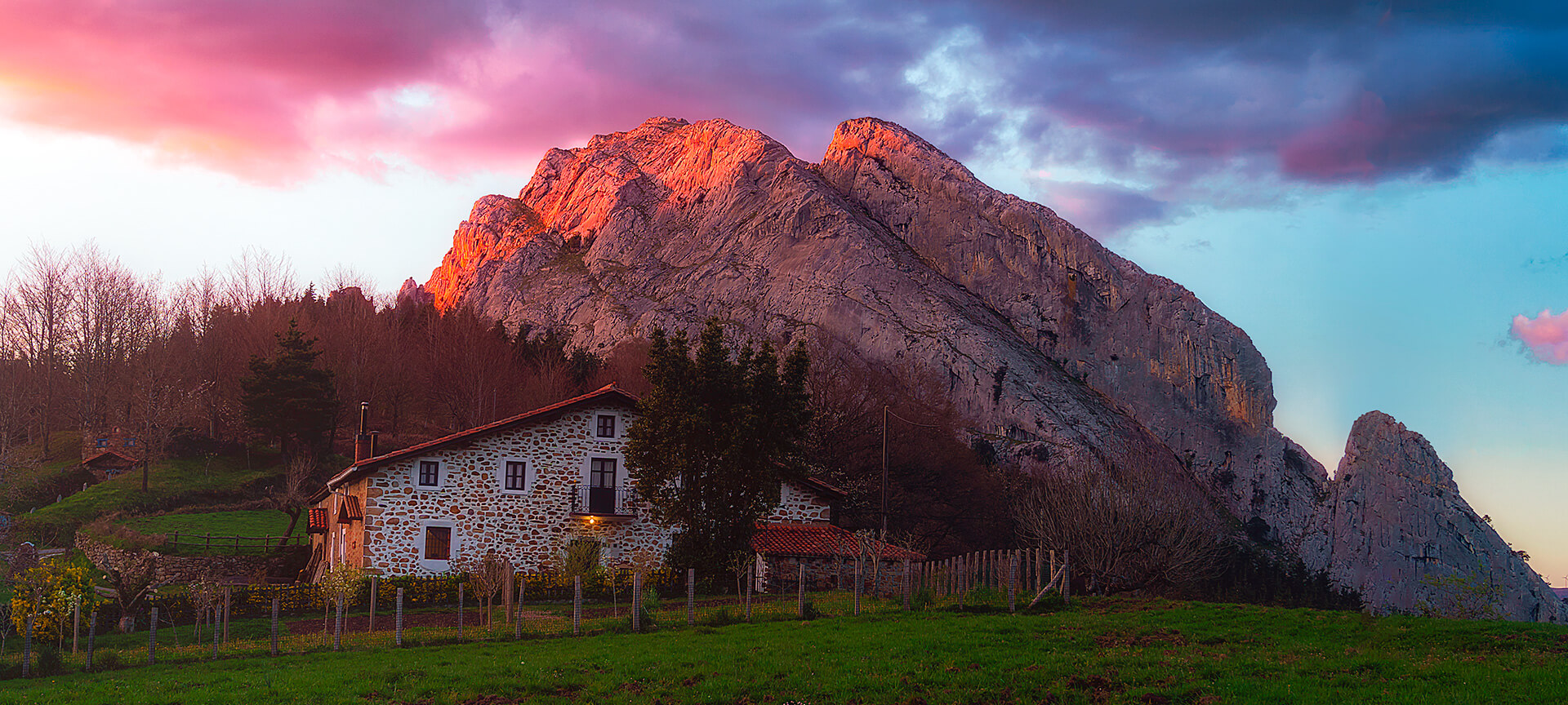 A traditional farmhouse at dusk in Urkiola, Vizcaya A traditional farmhouse at dusk in Urkiola, Vizcaya