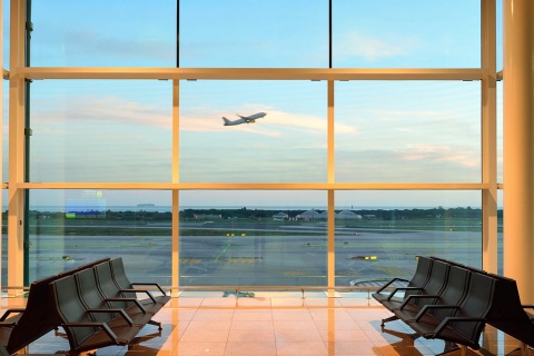 A plane takes off from El Prat airport. Barcelona