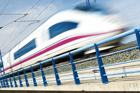 Madrid-Barcelona AVE train on its route through the Arandiga viaduct. Zaragoza