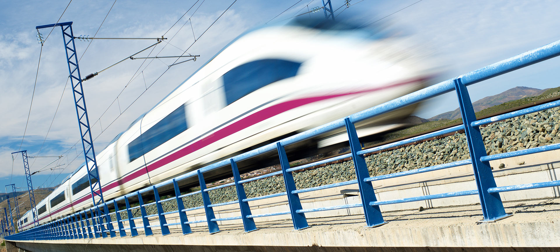 Madrid-Barcelona AVE train on its route through the Arandiga viaduct. Zaragoza