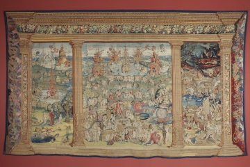O Jardim das Delícias. El Bosco. Bruxelas, ca. 1550-1560. Tapeçaria em ouro, prata, seda e lã, 292 x 492 cm.