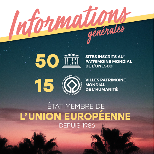 Autres informations : 49 sites classés au patrimoine mondial de l'UNESCO et 15 villes classées au patrimoine de l'humanité État membre de l'Union Européenne depuis 1986 Autres informations : 49 sites classés au patrimoine mondial de l'UNESCO et 15 villes classées au patrimoine de l'humanité État membre de l'Union Européenne depuis 1986