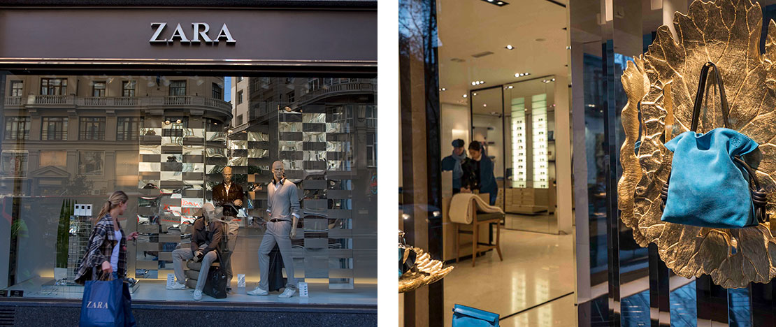 Po lewej: witryna sklepu Zara. Po prawej: wnętrze sklepu Loewe. Madryt