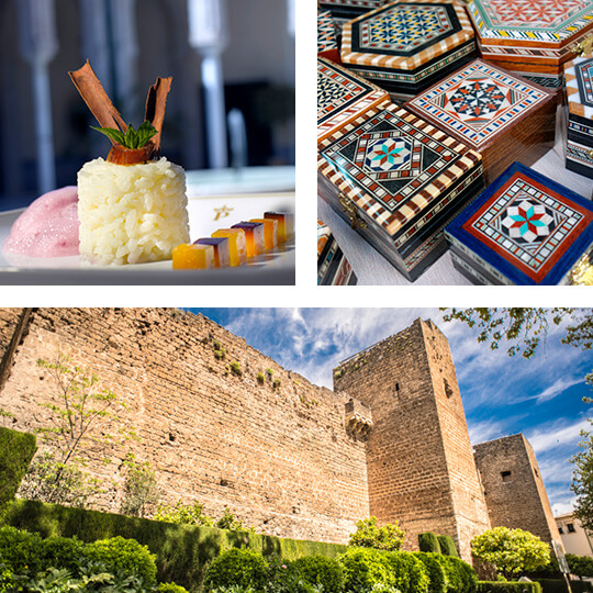 Top left: Rice pudding with dates © Parador de Carmona. Top right: Nasrid boxes, Arab crafts in Granada. Below: Castle of Priego de Córdoba © Ayuntamiento de Priego de Córdoba