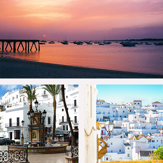 Oben: Sanlúcar de Barrameda (Cádiz). Unten links: Brunnen in Vejer de la Frontera Unten rechts: Gesamtansicht von Vejer de la Frontera (©Rafa G. Bonilla)