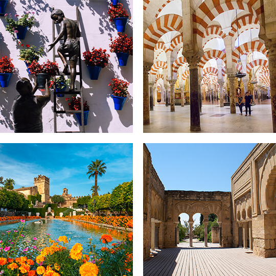 Oben links: Innenhöfe Córdobas. Oben rechts: Moschee-Kathedrale von Córdoba © Turismo de Andalucía. Unten links: Alkazar der Christlichen Könige. Unten rechts: Medina Azahara