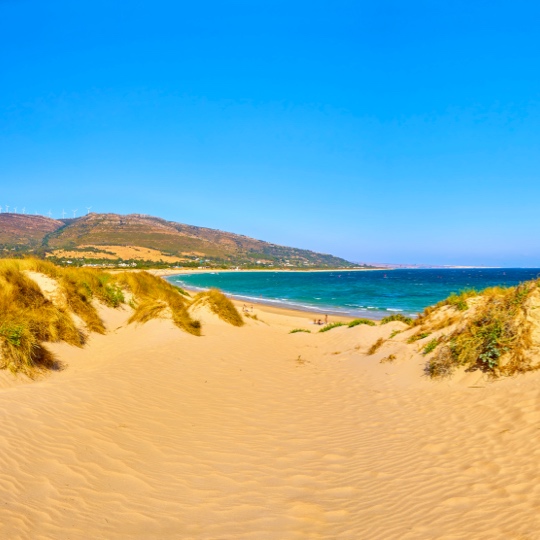 View of Valdevaqueros dune in Estrecho Natural Park, Tarifa, Cadiz, Andalusia