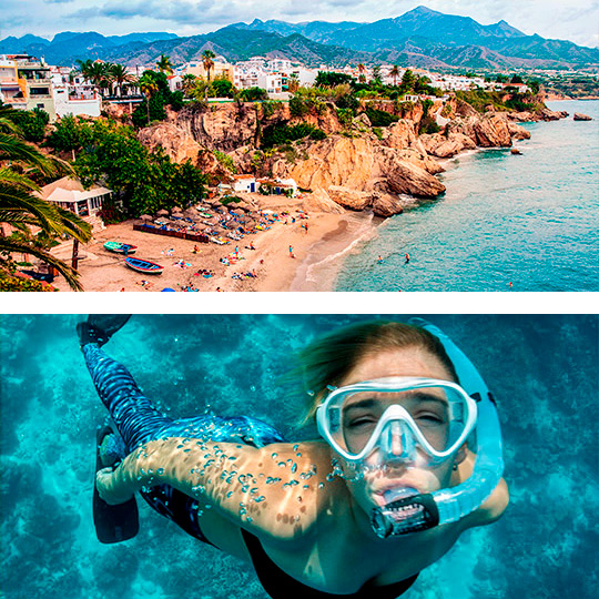 Praia de Nerja e moça praticando snorkeling