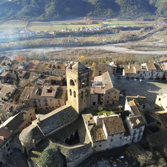 Aerial view taken from a drone over Aínsa, a town in Huesca, Aragon