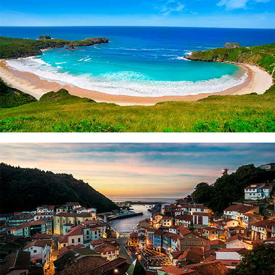Arriba: Playa de Torimbia. Abajo: Cudillero, Asturias