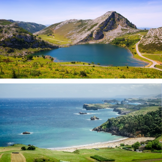 Arriba: Lagos de Covadonga en los Picos de Europa, Asturias / Abajo: Playa de la Toranda, Asturias