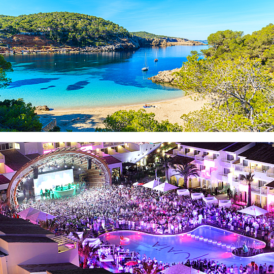 Top: Crystal clear water in Cala Salada / Below: Ushuaïa Ibiza Beach Hotel in Ibiza