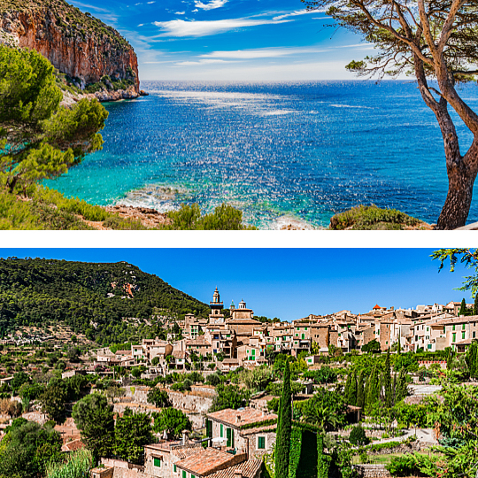 Acima: Costa de Canyamel / Abaixo: Vista do vilarejo de Valldemossa, em Maiorca