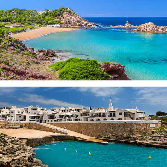Arriba: Cala Pregonda / Abajo: Binibeca Vell en el pueblo de Sant Lluis en Menorca