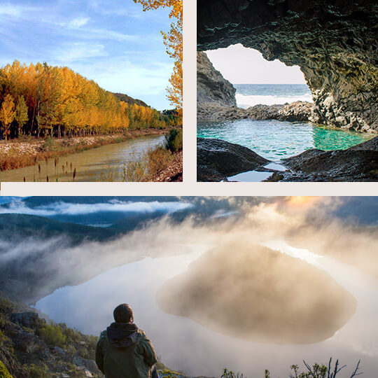 Top left: Environment of Río Mundo in Agramón © Ayuntamiento de Hellín / Top right: Natural blue charco pool, El Hierro Island / Below: Meandro el Melero, Las Hurdes 