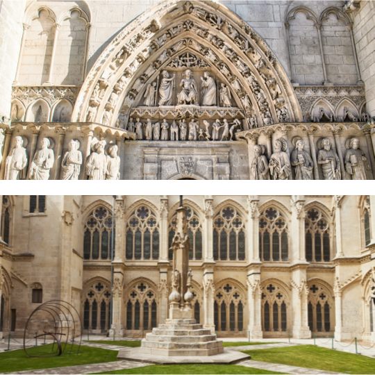 Oben: Detailansicht des Portikus der Apostel in der Kathedrale von Burgos, Kastilien und León / Unten: Innenhof der Kathedrale von Burgos, Kastilien und León