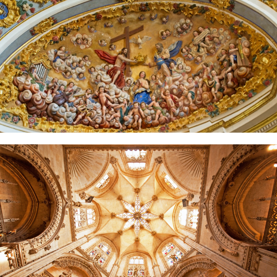 En haut : Sacristie principale de la cathédrale de Burgos, Castille-et-León © Juan Carlos Marcos / En bas : Voûte de la chapelle des Condestables dans la cathédrale de Burgos, Castille-et-León