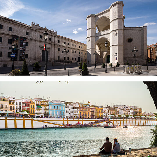 Arriba: San Benito el Real en Valladolid. Abajo: Calle Betis en Sevilla © Turismo de Sevilla