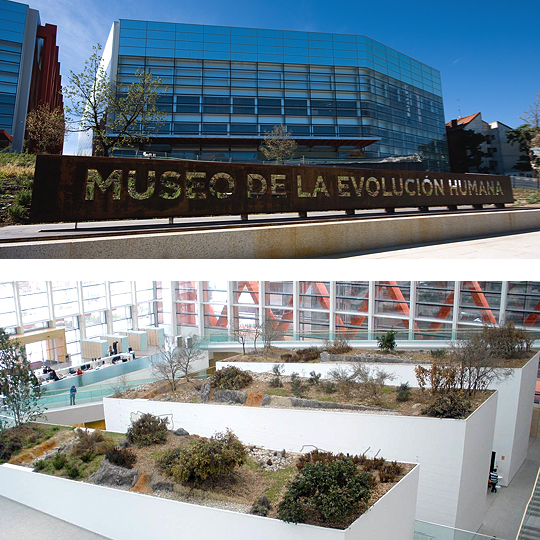 U góry: Fasada Muzeum Ewolucji Człowieka w Burgos, Kastylia-León / U dołu: Wnętrze Muzeum Ewolucji Człowieka w Burgos, Kastylia-León