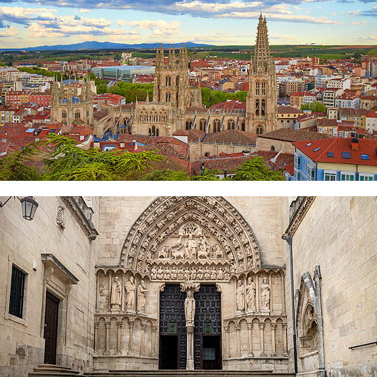 U góry: Widok na katedrę w Burgos, Kastylia-León / U dołu: Portal Sarmental katedry w Burgos, Kastylia-León U góry: Widok na katedrę w Burgos, Kastylia-León / U dołu: Portal Sarmental katedry w Burgos, Kastylia-León