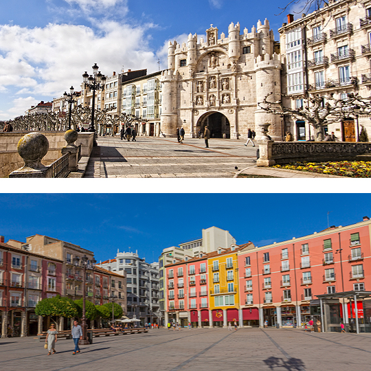 Oben: Torbogen Santa María in Burgos, Kastilien-León / Unten: Plaza Mayor in Burgos, Kastilien-León