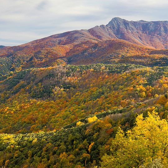 Vistas del Parque Natural del Montseny con el pico Les Agudes al fondo en Girona, Cataluña