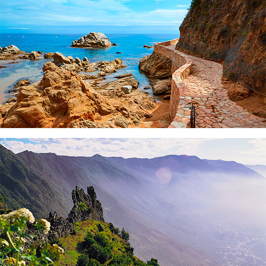 En haut : Camino de Ronda à Lloret de Mar, Gérone. En bas : Camino de Jinama, El Hierro, îles Canaries